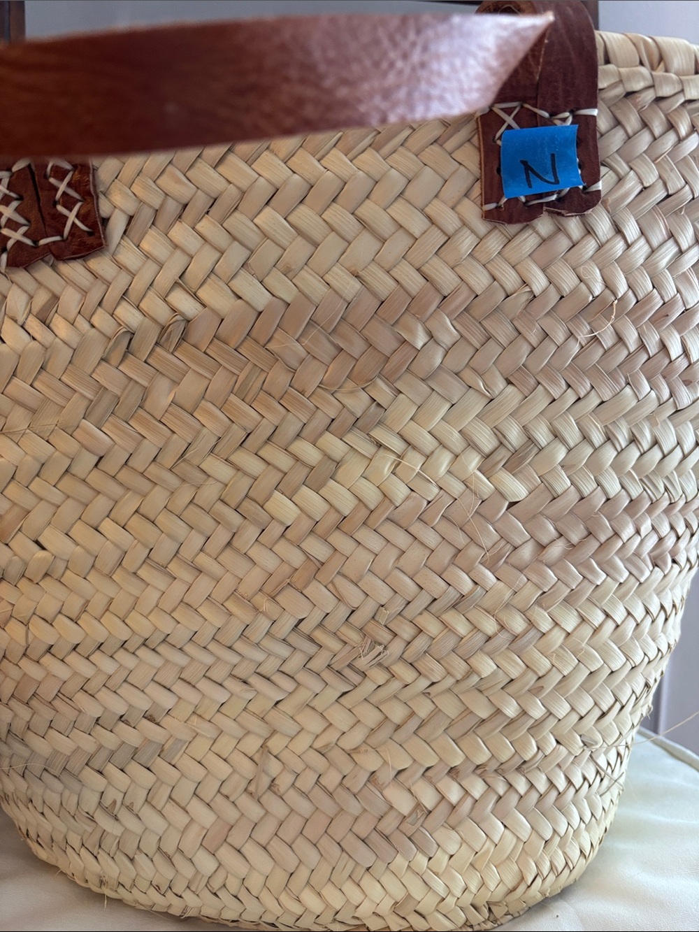 Irregular Woven Straw Tote Bag with Brown Leather Handles "N” - Picture 2 of 4